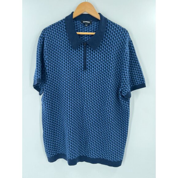 Express Men XL Half Zip Polo Sweater Blue Geometric Knit Top Casual Preppy - Picture 1 of 8